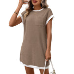 Summer Women Solid Color Casual Contrast Color Short Sleeve Pocket Dress