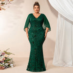 Plus Size Summer Autumn V neck Stretch Sequined Short Sleeve Shawl Ribbon Evening Dress Fishtail Dress