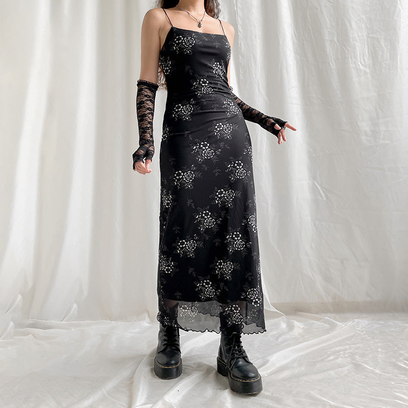 French Retro Elegant Adult Lady Woman Floral Print Maxi Dress Mesh Wooden Ear Off Neck Slim Strap Long One Step Dress