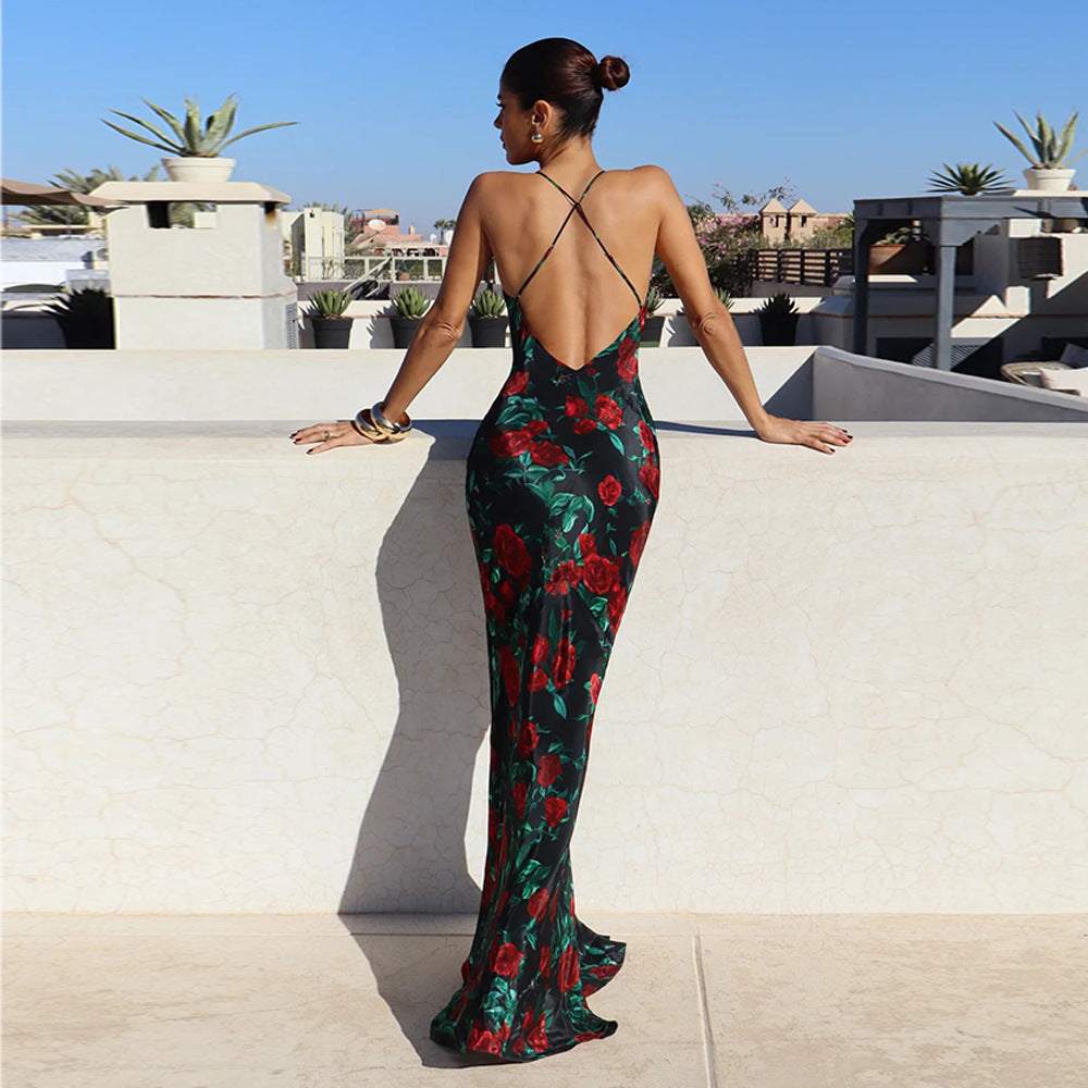 Spring Summer Sexy Dress Strap Backless Deep V Plunge Printed Sexy Slim Dress