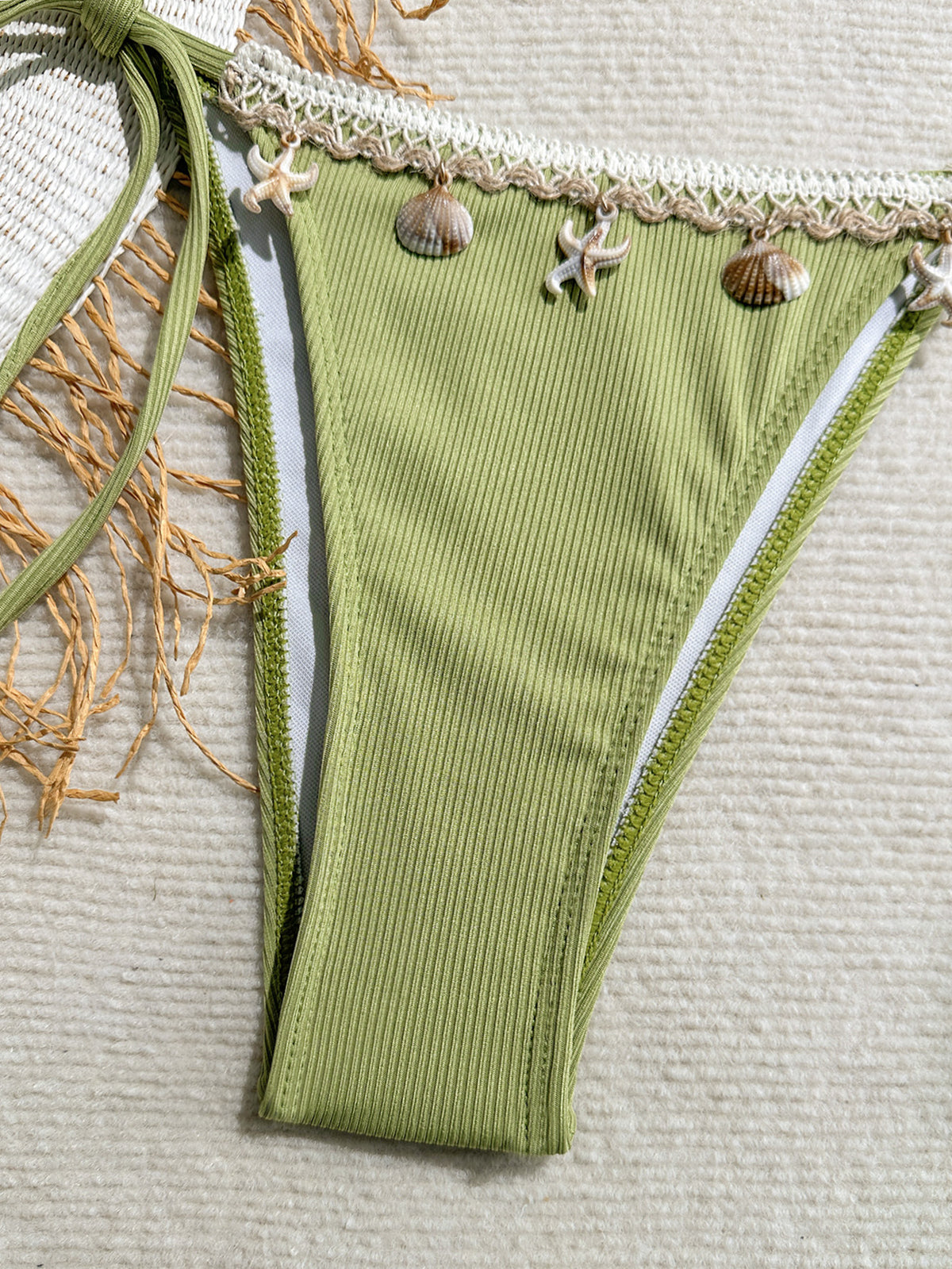 Shell Decoration Ribbed Bikini Women Swimwear Female Swimsuit Two-pieces Bikini Set Halter Strappy Bather Bathing Suit Swim Lady