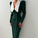 Spring Color Contrast Cardigan Sheath Dress Women Doll Collar Long Sleeve High Waist French Dress