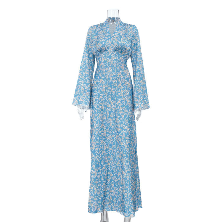 Elegant V neck Bell Sleeve French A line Dress Women Clothing High Waist Floral Dress