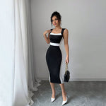 Summer Women Clothing Adult Lady Like Woman Intellectual Maxi Dress Square Neck Strap Contrasting Color Dress