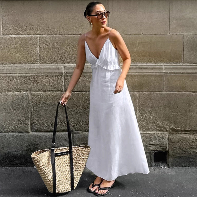 Sexy White Cotton Linen V neck Flounce Loose Sling Dress Spring Summer Vacation Maxi Dress