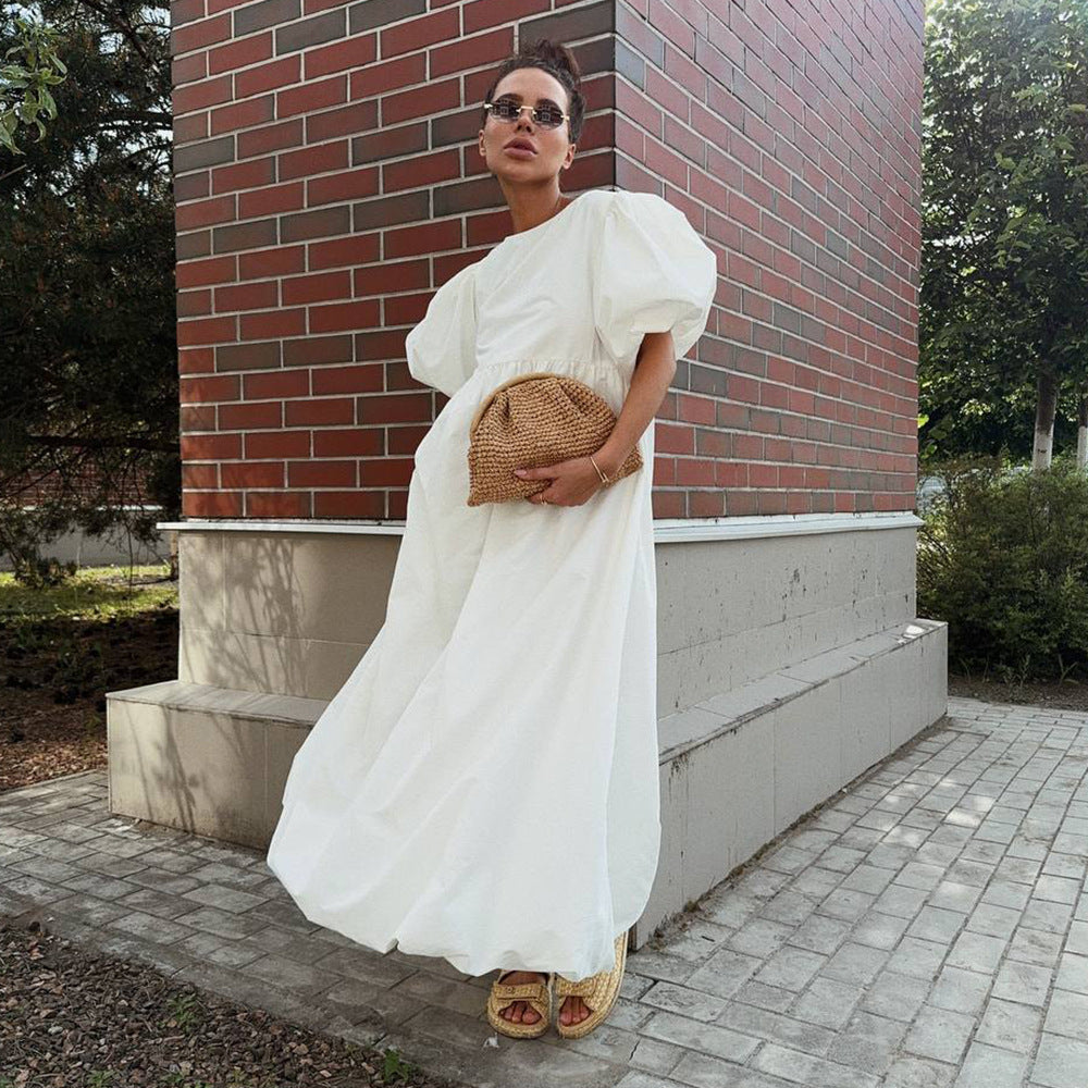 Cotton round Neck Puff Sleeve Dress Spring Summer Solid Color Loose Casual Dress for Women