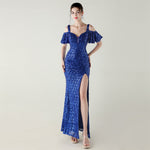 Bead Tube Sequin Heavy Industry Evening Dress Short Sleeve off the Shoulder Deep V Plunge High Slit Fishtail Dress Cocktail Socialite