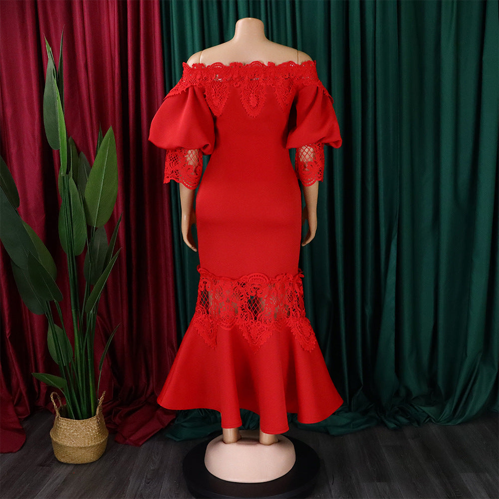 D368 cross-border women's fashion temperament lace off-the-shoulder fishtail party sexy party dress foreign trade dress