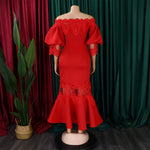 D368 cross-border women's fashion temperament lace off-the-shoulder fishtail party sexy party dress foreign trade dress