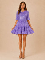 Sequined Short Sleeve A line Dress Cocktail Women Short Dress