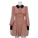 Printing Color Contrast French Dress Women Design Pleated Collared Long Sleeve High Waist A line Dress