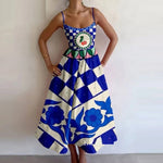 Spring Women Clothing Printing Pleated Waist Tight Large Swing Sling Dress