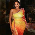Women Clothing Pleated Color Matching Slit Slim Fitting Asymmetric Diagonal Collar Shoulder Long Sleeve Dress