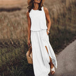 Spring Summer Women Clothing round Neck Sleeveless Dress Split Solid Color Casual Office Dress