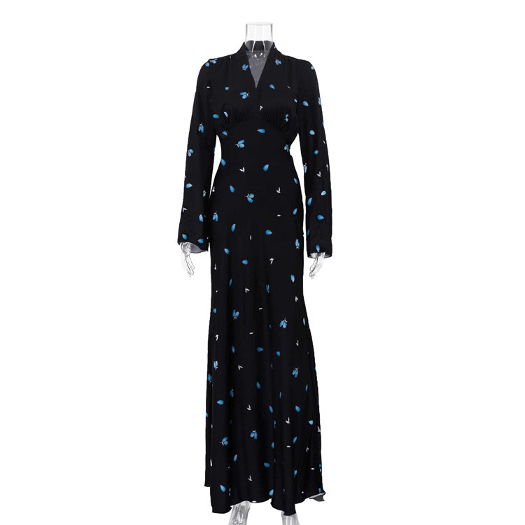 Elegant V neck Bell Sleeve French A line Dress Women Clothing High Waist Floral Dress