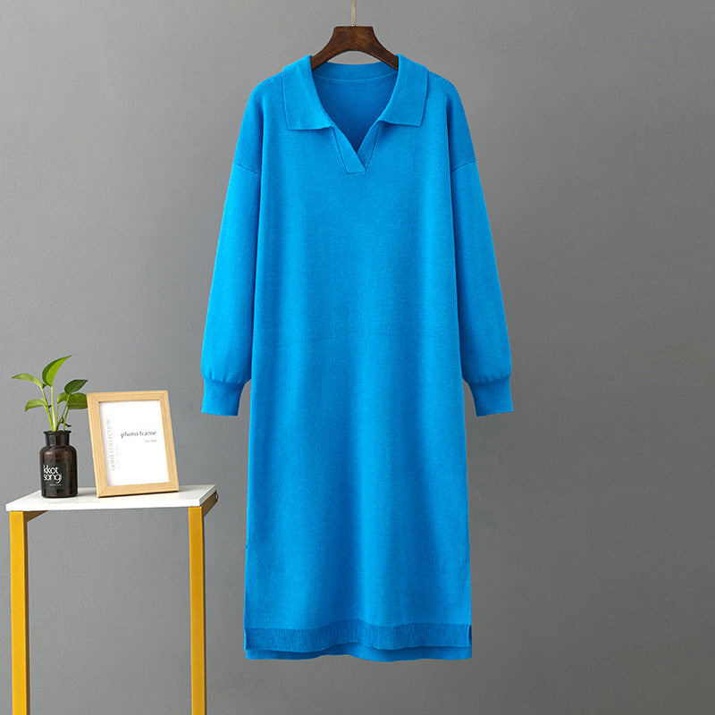 Autumn Winter Polo Collar Base Knitting Loose Solid Color Women Dress
