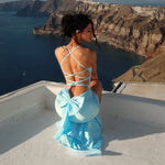 Vacation Bare Back Lace up Bow Dress Solid Color Fold Split Design Dress