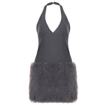Sexy Halter V neck Furry Dress Tight Sexy Waist Plush Hip Dress