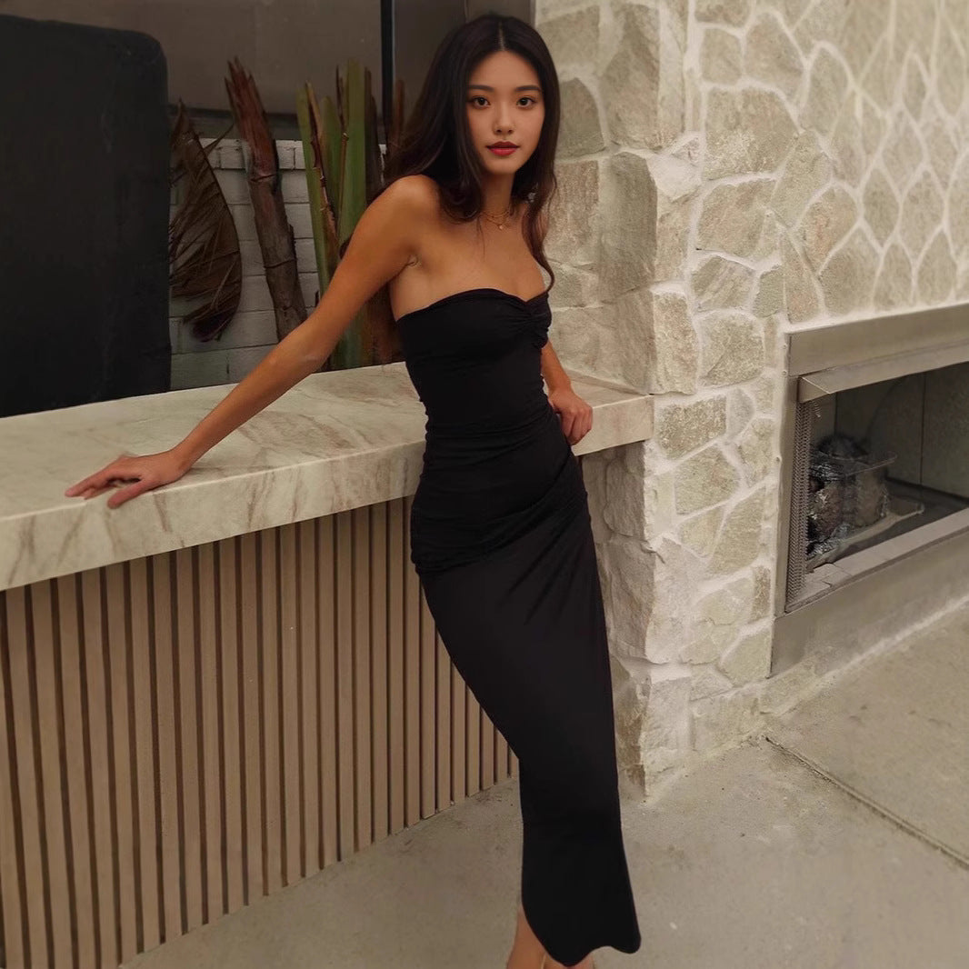 Women lothing Summer Sexy Wrapped Chest Slim Side Slit Long Solid Color Dress
