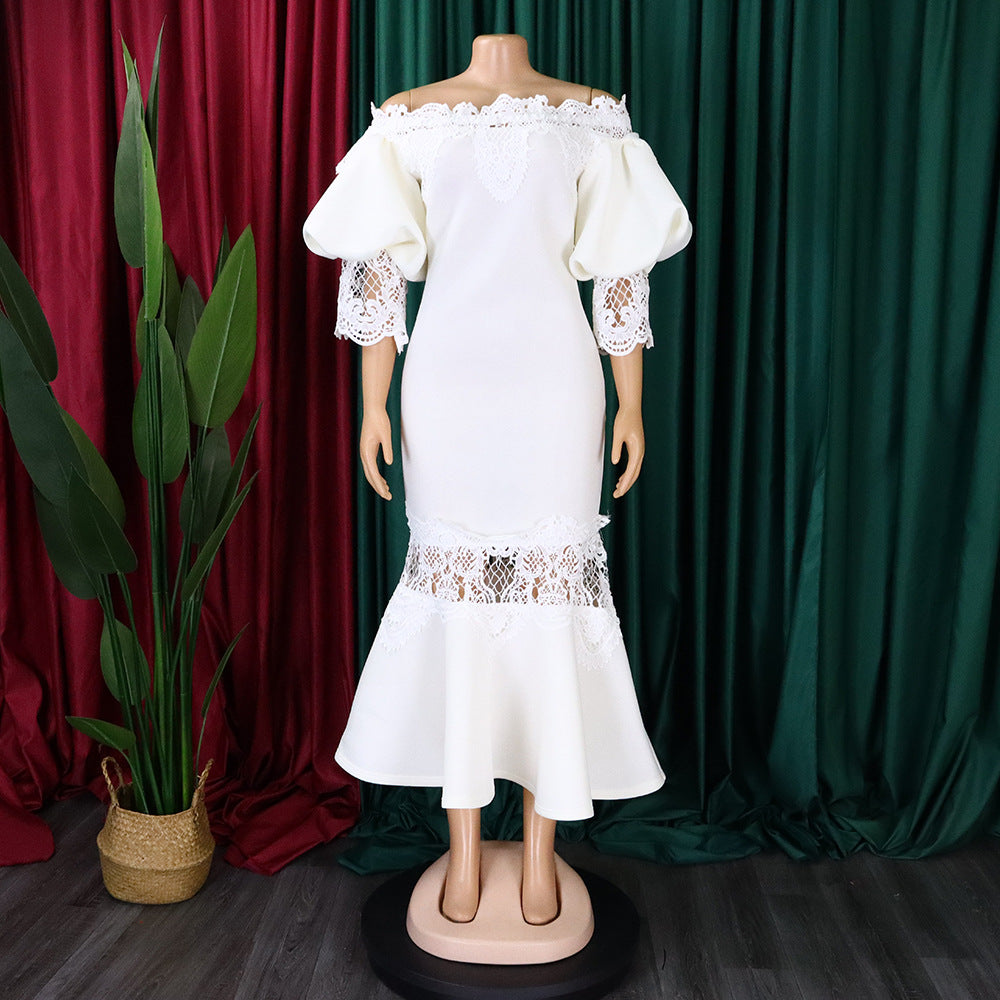 D368 cross-border women's fashion temperament lace off-the-shoulder fishtail party sexy party dress foreign trade dress