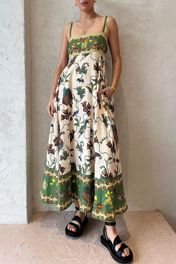 Dress Women Clothing Spaghetti Strap Floral Print Linen 9 Color Large Swing Dress