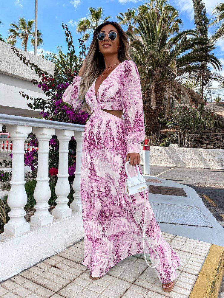 Women Wear Spring Long Printed V neck Long Sleeve Elegant Dress