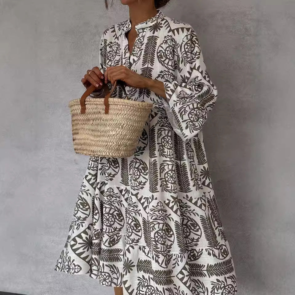 Dress Casual Printed 3/4 Sleeves Shirt Dress for Women