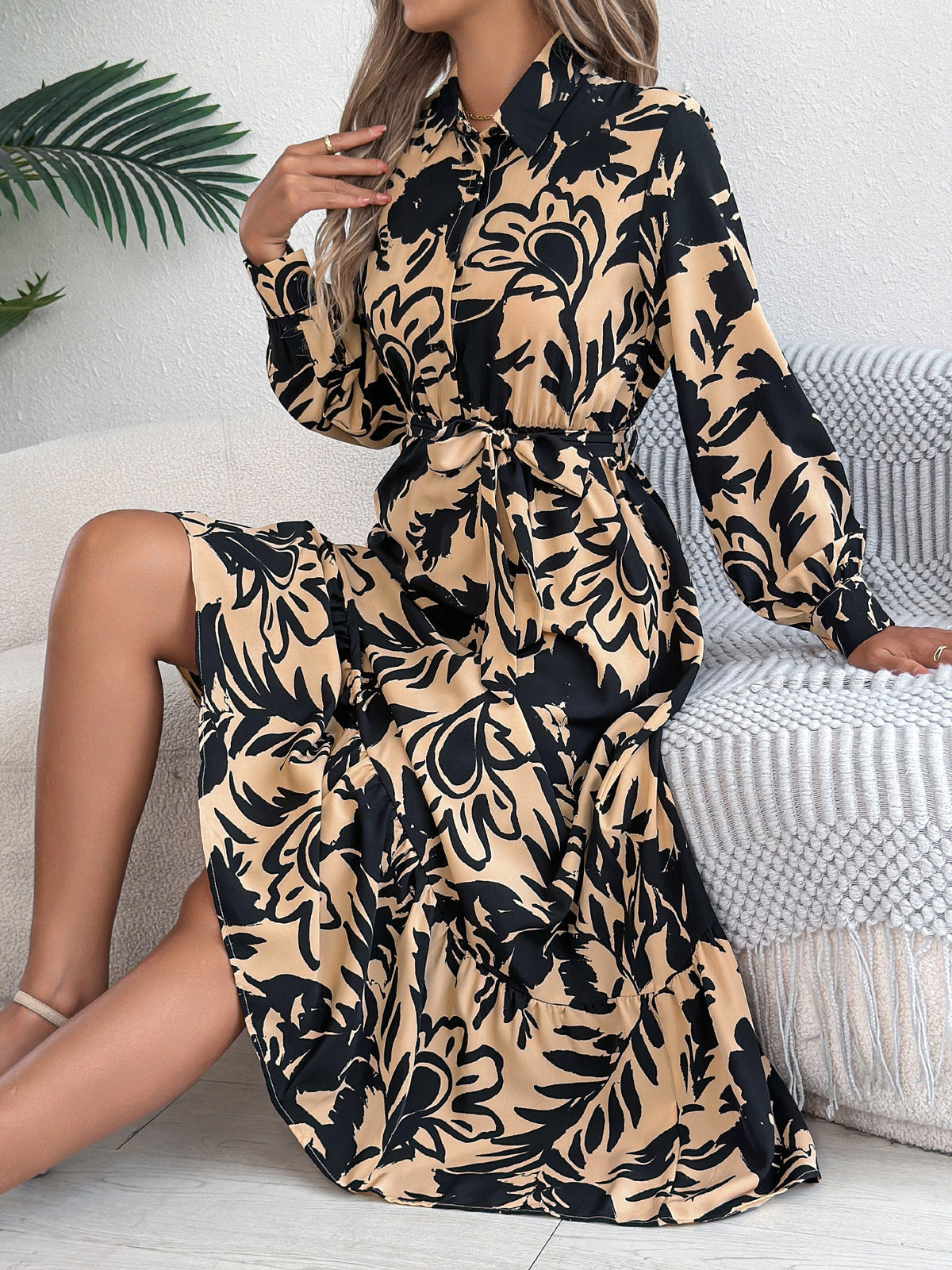 Spring Summer Casual Floral Long Sleeve Shirt Ruffled Maxi Dress Women Clothing