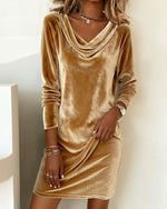 Pleuche Dress Women Autumn Winter Elegant Swing Collar Slim Fit Elegant Velvet Midi Dress