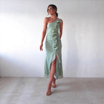 Summer Slant Shoulder Sexy Pleated High Slit Slim Fit Dress