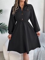 Real Shot Autumn Winter Casual Button Lace up Waist Controlled Long Sleeves Shirt Dress Women Clothing