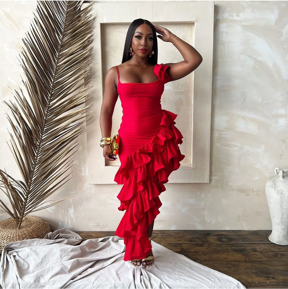 Summer Solid Color Sling Irregular Asymmetric Ruffled Ladies Dress Sexy Women Clothing