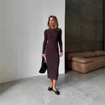 Long Sleeve Fall Winter Sweater Dress Women Knitted round Neck Sunken Stripe Solid Color Tight Dress Women