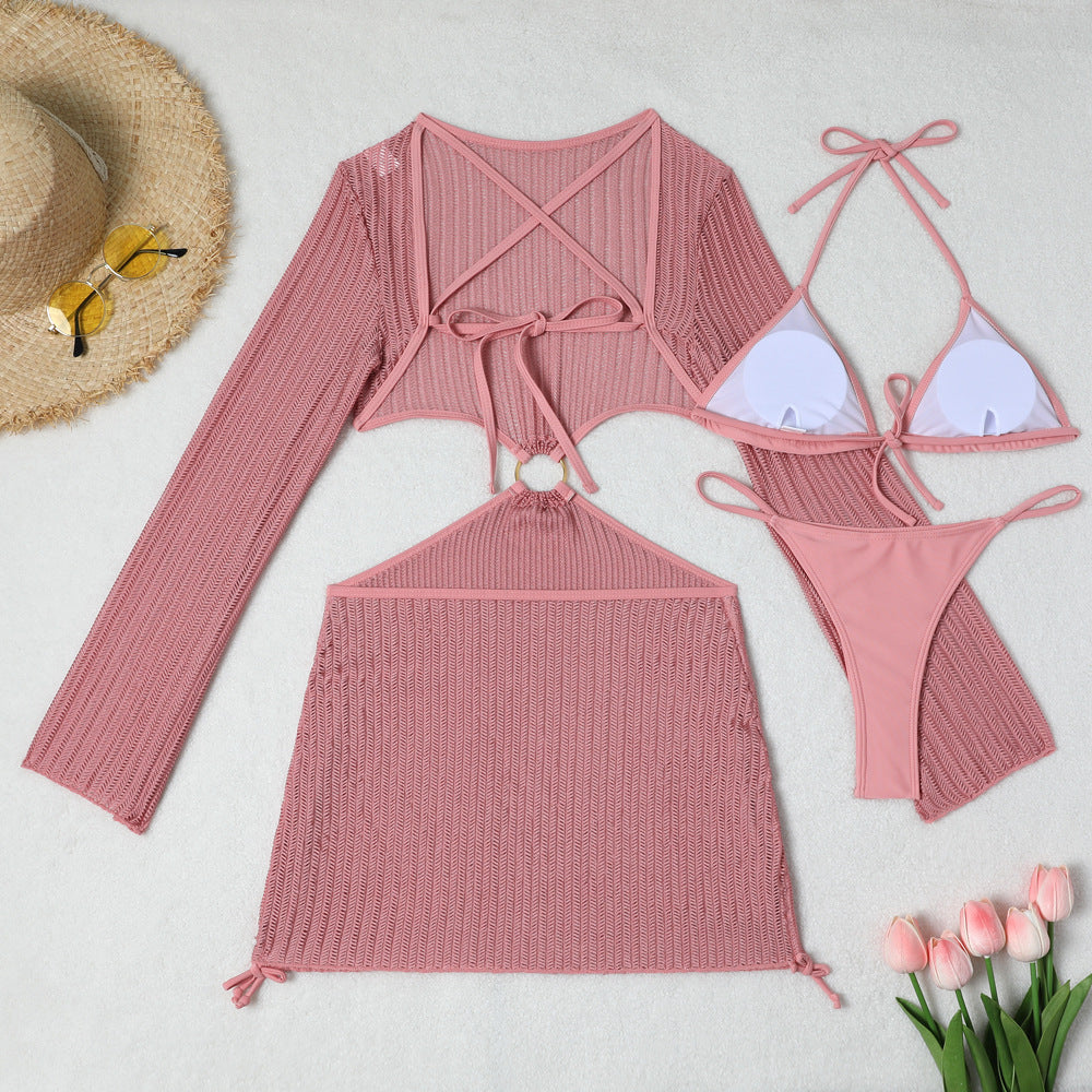 Mesh Sheer Long Sleeve Cover-Up Micro Bikini Female Swimsuit Women Swimwear Three-pieces Bikini Set Bathing Suit Swim Beach Wear