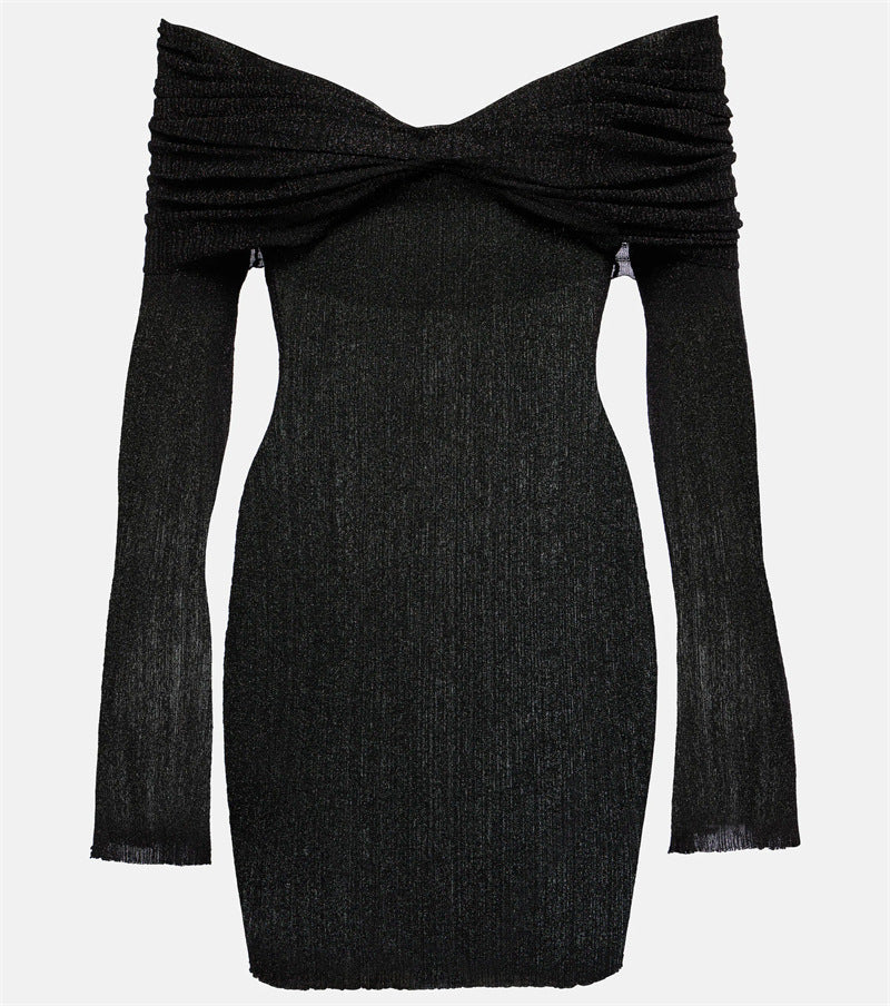 Los Angeles Designer off-Shoulder Tube Top Dress Contrast Color Pleated Low Cut Long Sleeve Waist Slimming Hip Dress