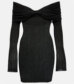 Los Angeles Designer off-Shoulder Tube Top Dress Contrast Color Pleated Low Cut Long Sleeve Waist Slimming Hip Dress