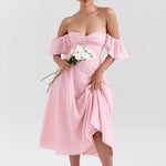 Women Wear Pink Sexy Square Neck Fitted Waist Backless Mid Length Dress French Dress