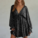 Lace up V neck Sequin Dress Sexy Drape Dress Women Summer