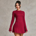 Early Spring Burgundy Backless Long Sleeves Dress Women Slim Fit Slimming Elegant Party A line Dress