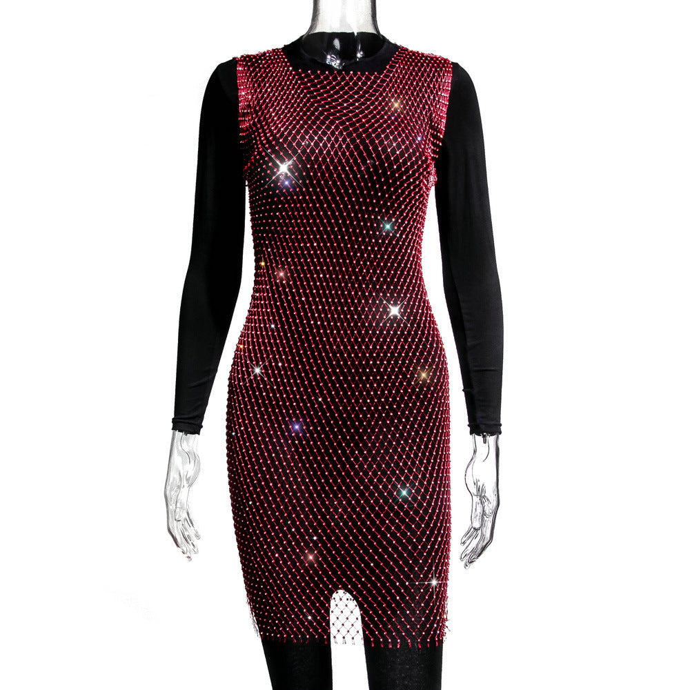 Rhinestone Fishnet Top Summer Popular Mesh Rhinestone Women Clothing Short Sleeve