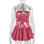 Office Women Clothing Slimming Pleated A line Dress Tight Waist off Neck Halter Short Dress