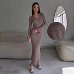 Long Sleeve V neck Tight Knitted Dress Solid Color Rib Fabric Wool Long Autumn Winter Dress