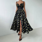 Cotton Suspender Dress Summer Split Waist Fitted Self Tie Dress Printing Dress