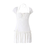 Summer Sexy French Low Cut Square Collar Halter Lace Up Design Short Sleeve Pleated Dress Women