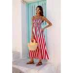 Spring Summer off Neck Striped Waist Trimming Printing Vacation Mid Length Dress