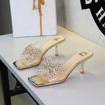 Rhinestone Bow Square Toe Open Toe Slippers Transparent Slip on Stiletto Heel Outdoor Slippers