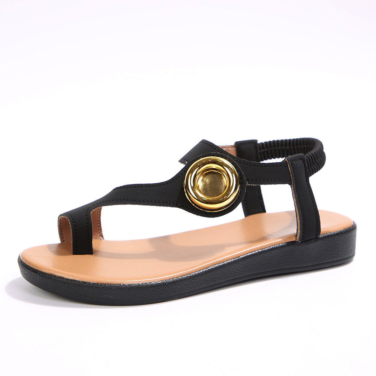 Toe Covering Metal Buckle Flat Sandals Women Elastic Band Casual Open Toe Beach Slippers