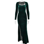 Women Clothing Sexy Slit Square Collar Dress Fashionable Elegant Velvet Pleated Dress