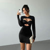 Autumn Winter Sexy Hollow Out Cutout Long Sleeved Slim Fit Sheath Solid Color Party Dress