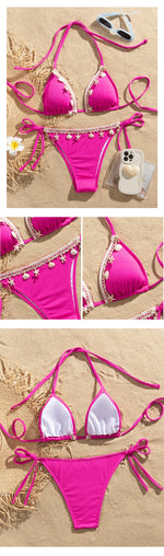 Shell Decoration Ribbed Bikini Women Swimwear Female Swimsuit Two-pieces Bikini Set Halter Strappy Bather Bathing Suit Swim Lady